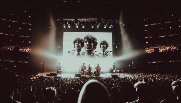 Photo psychedelic rock artist on stage with the band