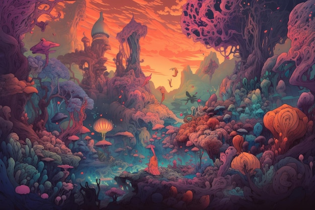 A psychedelic scene with trippy animals and creatures exploring a fantasy world