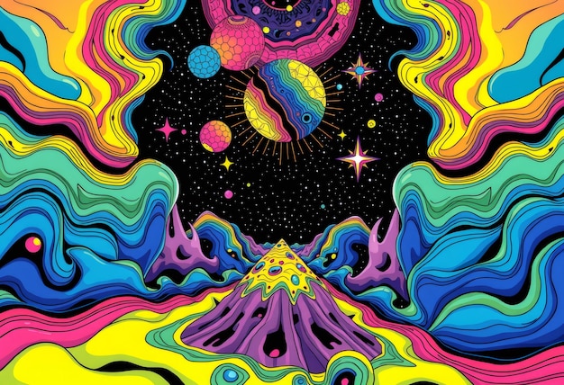 Psychedelic space landscape with planets and stars in a colorful abstract style