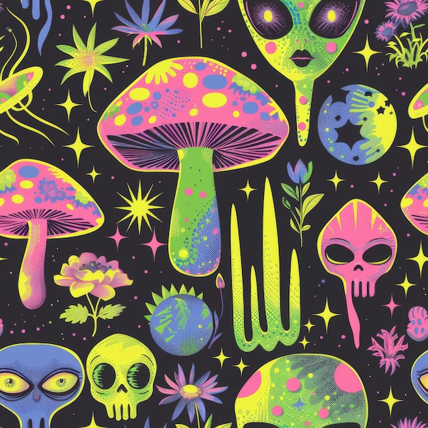 Photo psychedelic space and skulls pattern with neon colors