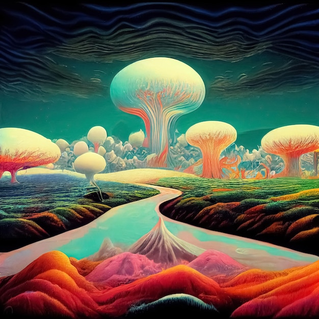 Psychedelic surreal landscape Digital 3D illustration of spiritual journey insight Fantasy scene