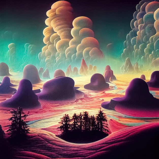 Psychedelic surreal landscape Illustration of spiritual journey insight Fantasy magic scene