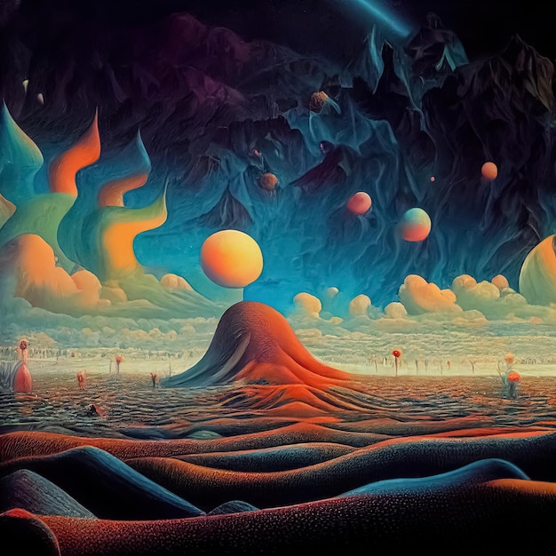 Psychedelic surreal landscape Illustration of spiritual journey insight Fantasy magic scene