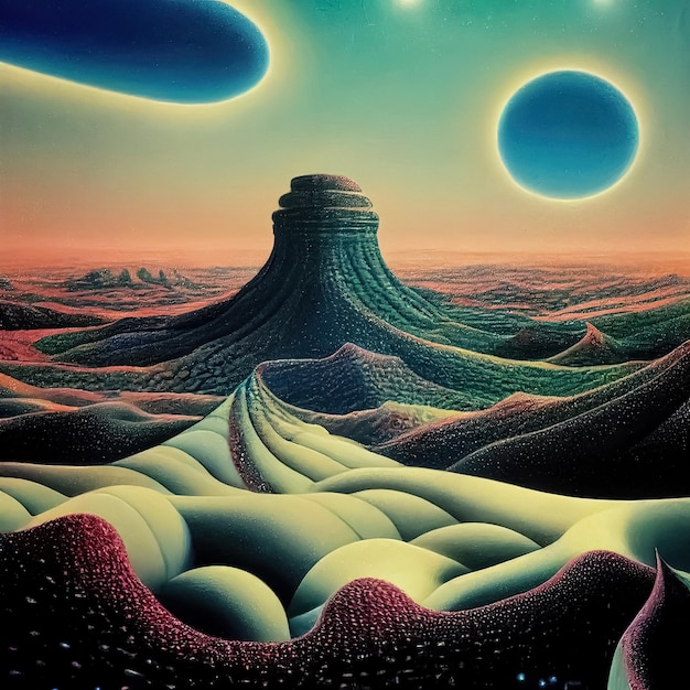 Psychedelic surreal landscape Illustration of spiritual journey insight Fantasy magic scene