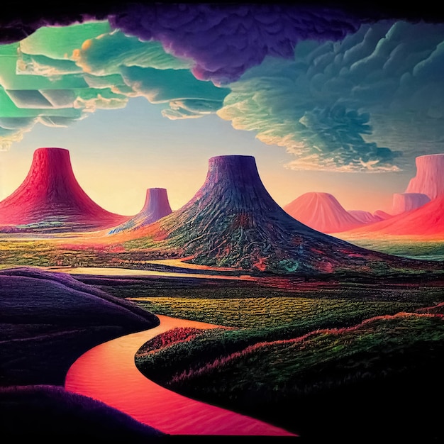 Psychedelic surreal landscape Illustration of spiritual journey insight Fantasy magic scene