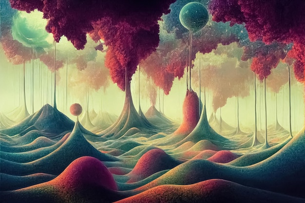 Psychedelic surreal landscape Illustration of spiritual journey insight Fantasy magic scene