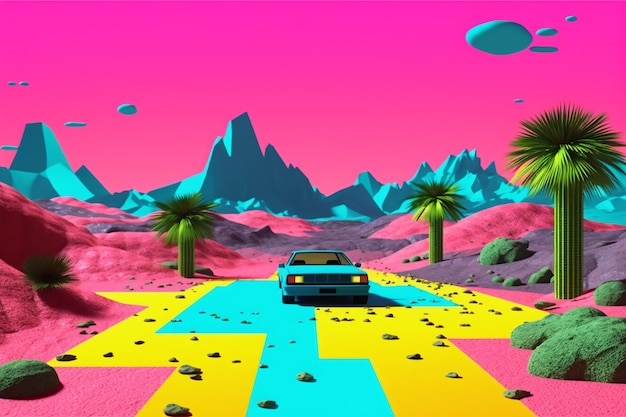 psychedelic synthwave mountains landscape acid colors Y2K 90s style cartoon background