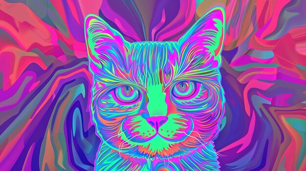 Photo psychedelic trippy cat cartoon 70s rave style