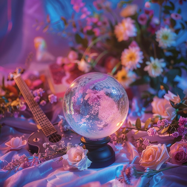 psychics crystal ball surrounded by flowers the universe and an electric guitar in the background