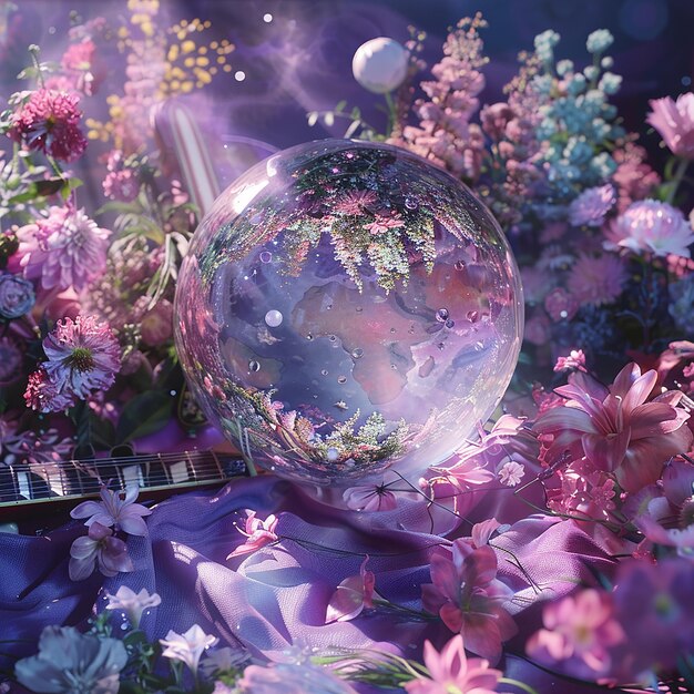 psychics crystal ball surrounded by flowers the universe and an electric guitar in the background