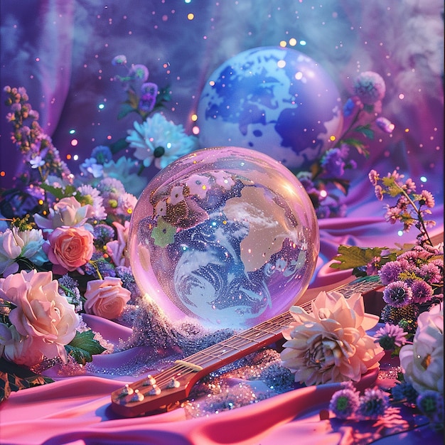 psychics crystal ball surrounded by flowers the universe and an electric guitar in the background