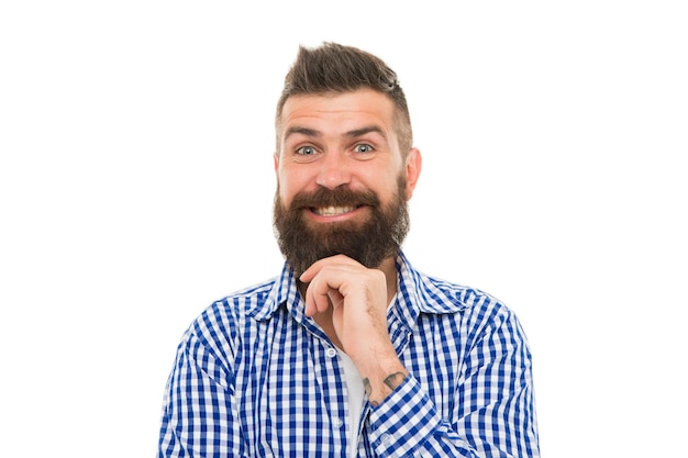 Psychological health Happy emotional guy Emotional intellect Happy man on white background Bearded man smiling Hipster with mustache and beard happy face expression Happiness concept