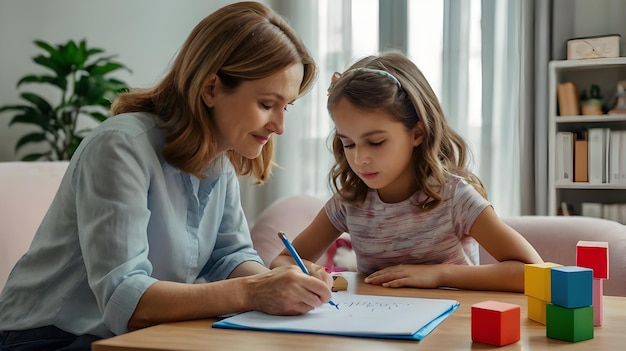 Psychologist analyzing little girl and writing notes while she is playing toy game with her mother