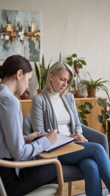 Photo psychologist session a middle aged woman in therapy with an woman psychologist