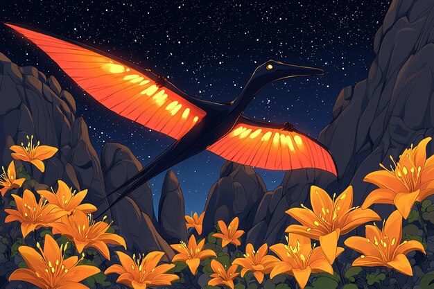 Photo pterodactyl flying over nighttime landscape