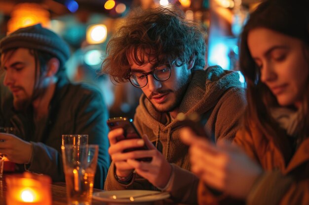 In the pub a young man and his companions are on their phones Generative Ai