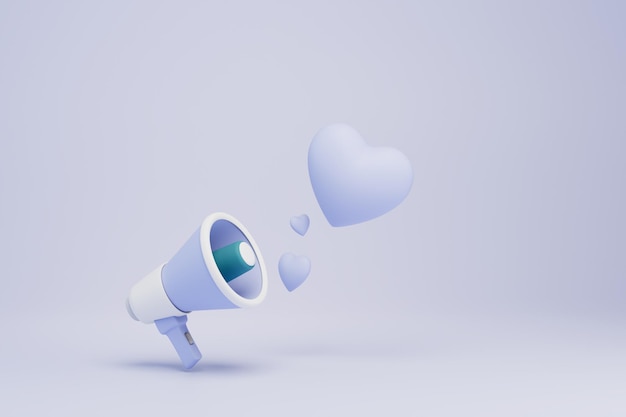 Public declaration of love loudspeaker from which hearts fly out on a white background 3D render