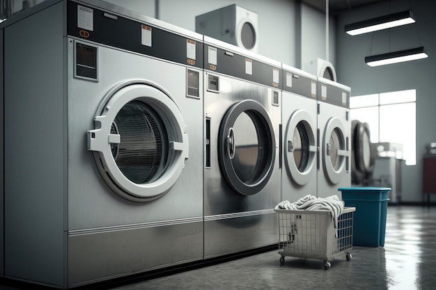 Public laundry with washing machines in a row AI Generation