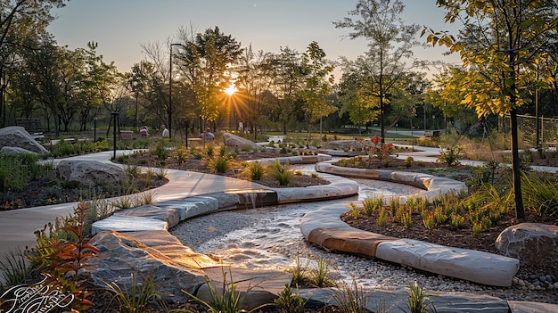 Photo public park redesigned with biophilic elements and natural features