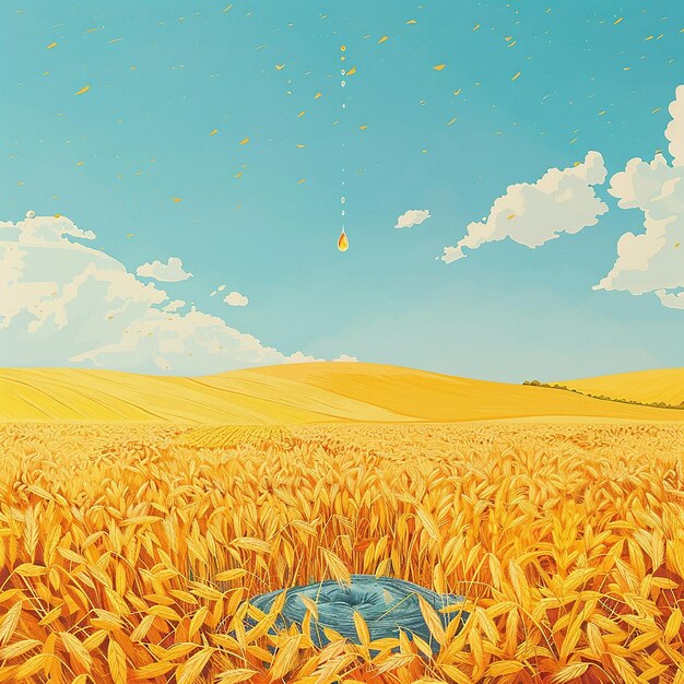 Photo public service poster design a drop of water in a field of yellow sparse fallen wheat