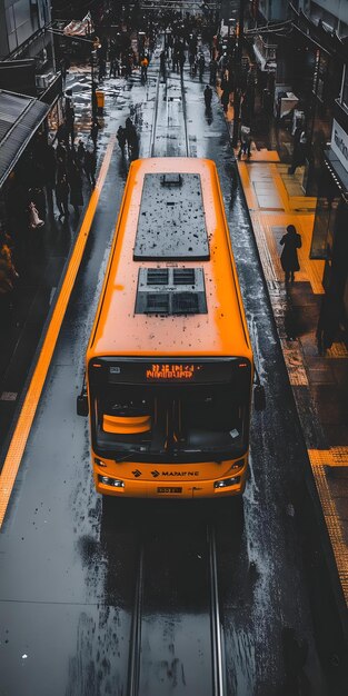 Photo public transit bus arriving at a busy station