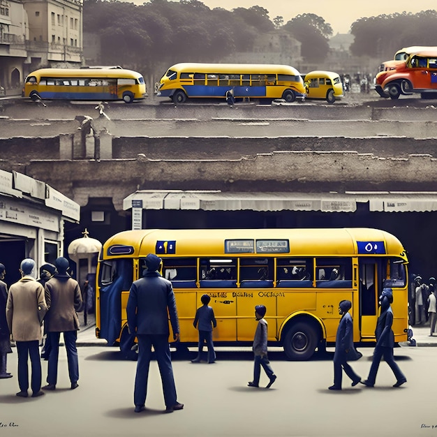 Public Transport in the City Streets People crowds infront of bus Overpopulation Concept