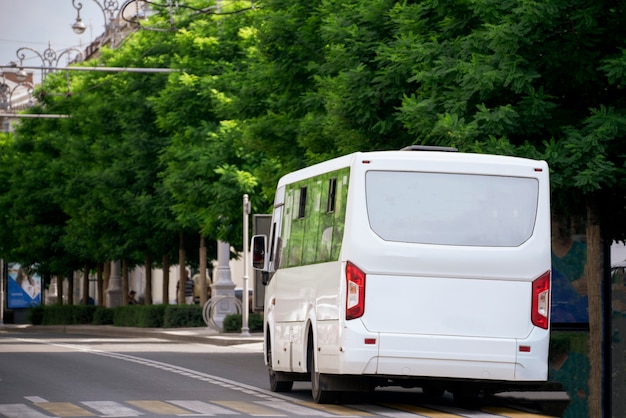 A public trasport vehicle, city bus on the street road