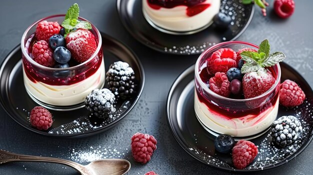 Pudding and berry dessert served in small glasses and black plates