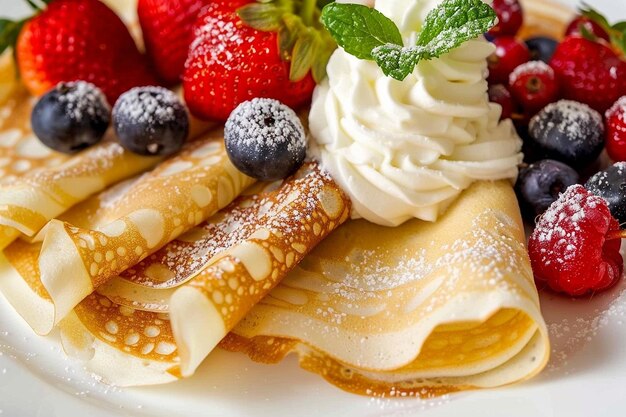 Pudding filled crepes served with fresh berries and whipped cream