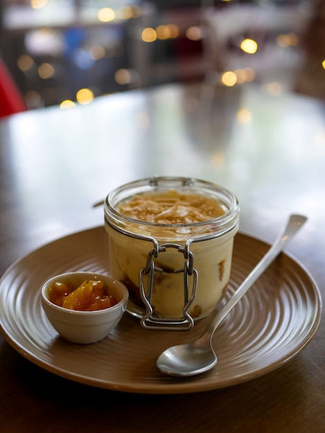 Pudding on a restaurant table