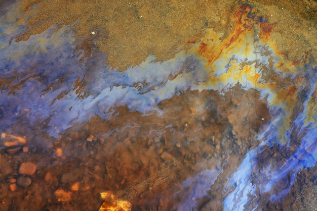 puddle gasoline background, wet oil multicolored rainbow pollution spill