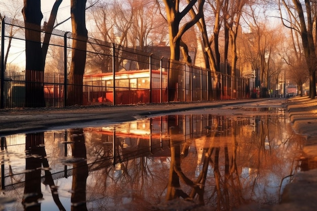 Puddle reflections of damaged park structures created with generative ai