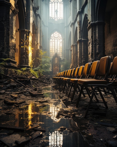 a puddle of water in an abandoned building with the sun shining through the windows