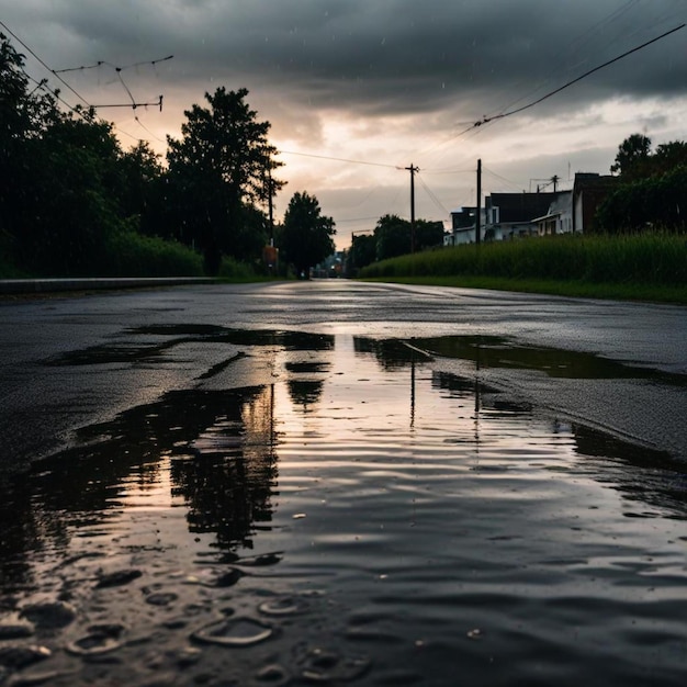 Photo a puddle of water that is on the side of a road