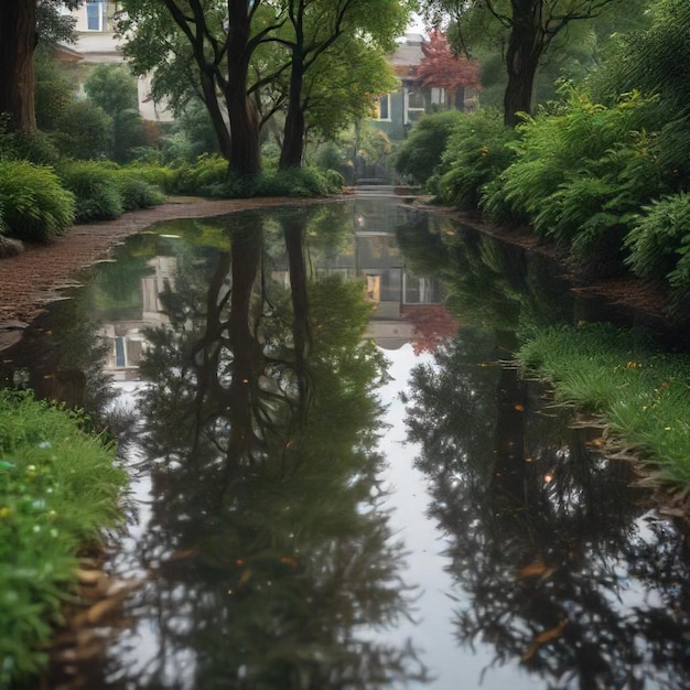 a puddle of water with a house in the background