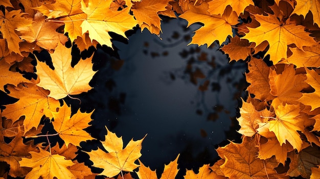 a puddle of water with a reflection of yellow leaves in it