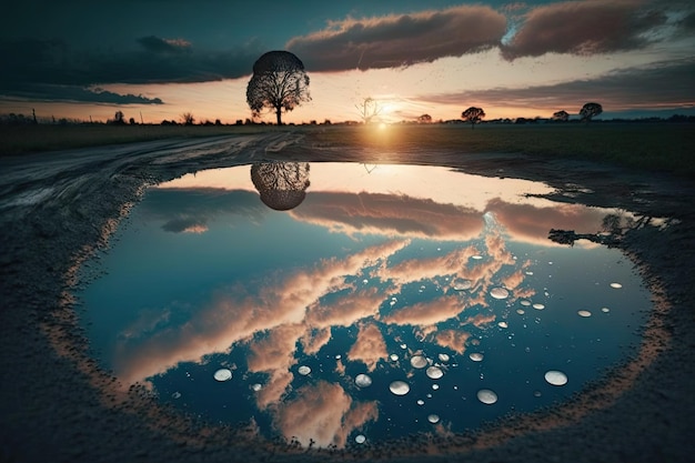 Puddle with reflection of the sky and clouds creating a peaceful atmosphere