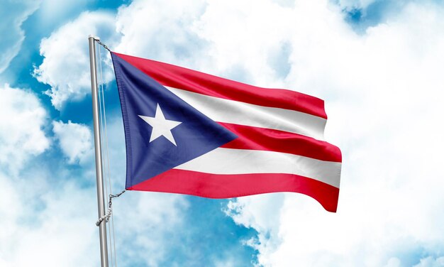 Puerto Rico flag waving on sky background 3D Rendering