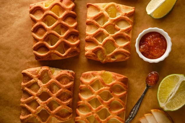 Puff pastry mini pies with with pear and lime jam