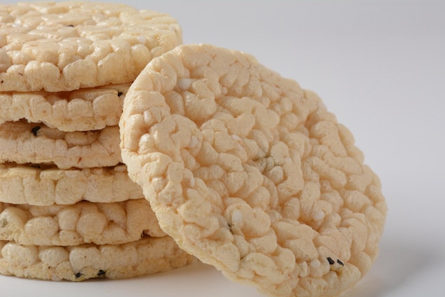 Puffed rice bread in a pile or Rice wafers