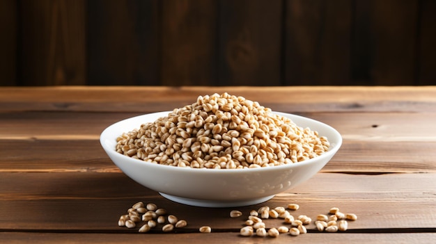 Puffed spelt in white bowl on wooden background