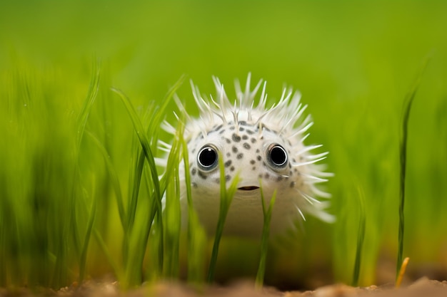 Photo a puffer fish darting through a field of colorful sea grass