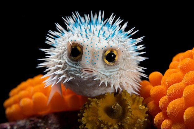 A puffer fish exploring a fantastical otherworldly underwater realm