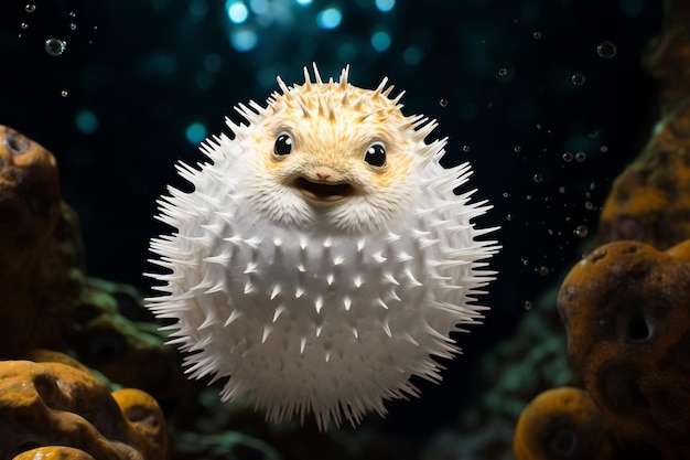 A puffer fish exploring a fantastical otherworldly underwater realm