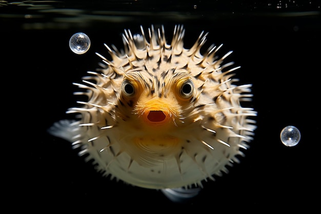 Puffer fish exploring a fantastical underwater garden