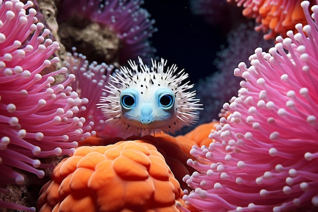 A puffer fish hiding among colorful coral reefs