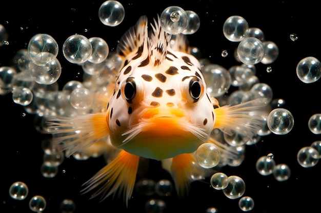 A puffer fish interacting with an array of glowing floating bubbles