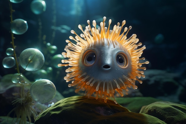 A puffer fish in a mystical glowing sea with ethereal light