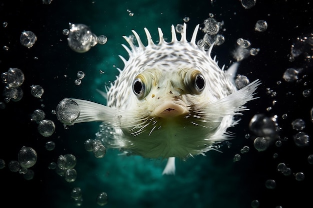 Puffer fish navigating through an ethereal underwater vortex