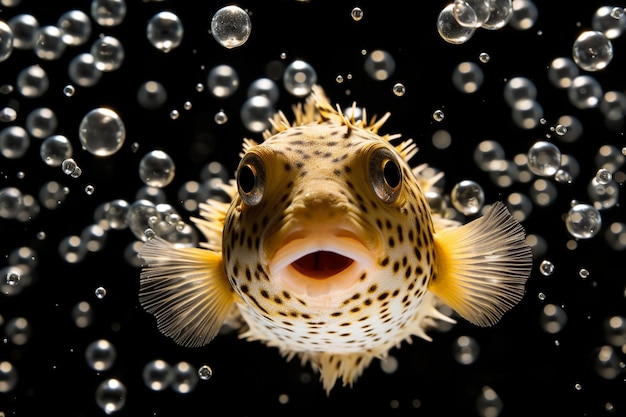 Photo a puffer fish surrounded by floating luminous sea bubbles